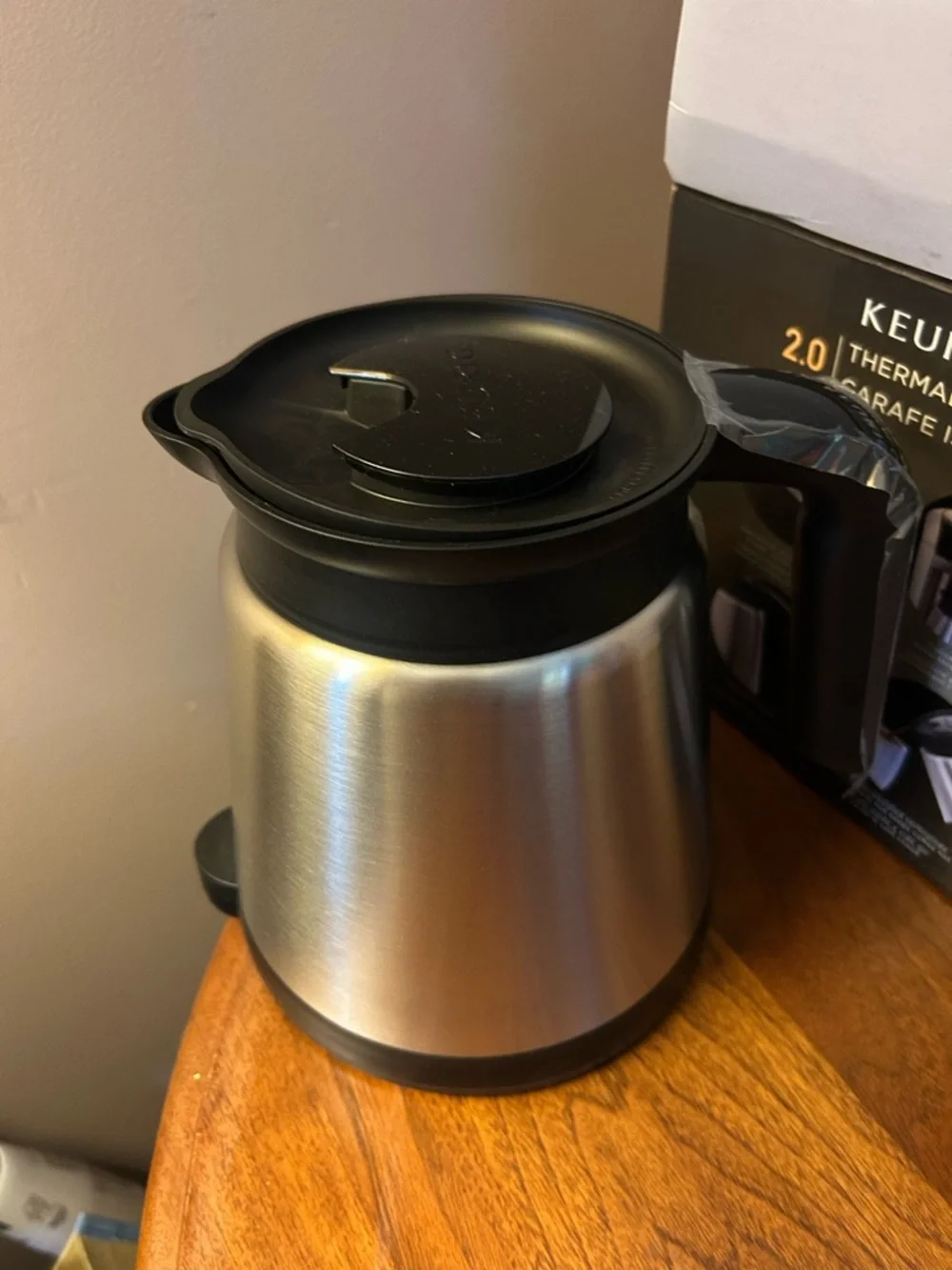 The Keurig 2.0 Thermal Carafe is a 32-ounce, double-walled stainless steel caraf